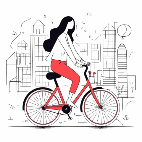 Vector illustration of a young woman riding a bicycle in the cit