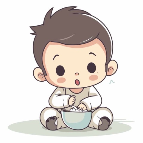 cute little boy playing with a bowl of milk