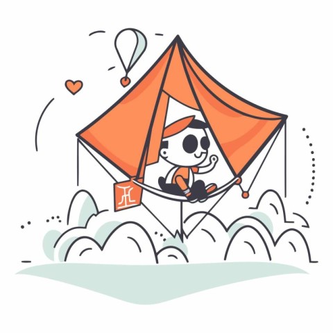 Vector illustration of cute little boy flying in a tent. Childis