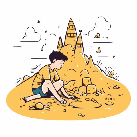 Cartoon boy sitting on the sand and looking at the pyramids