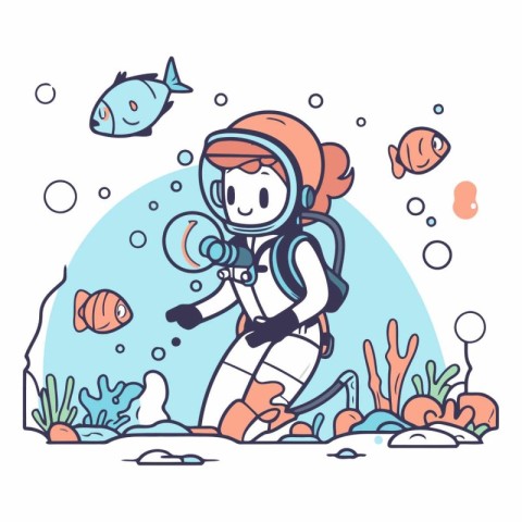 Cute cartoon scuba diver in the sea.