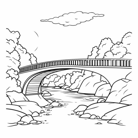 Bridge over the river. Black and white vector illustration for c