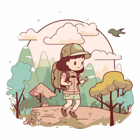 Illustration of a Girl Hiking in the Forest with a Backpack