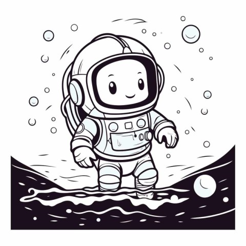 astronaut in the sea. black and white vector illustration.