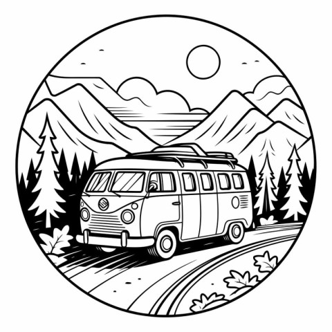 Retro camper van in the mountains. Monochrome vector illustratio