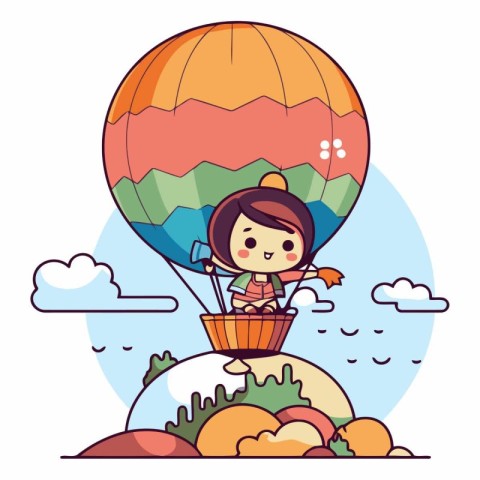 Cute little girl flying in hot air balloon.