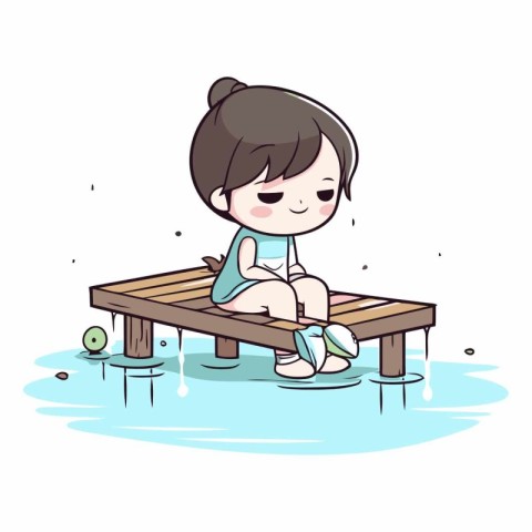 girl sitting on a bench in the water. eps