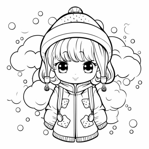 Cute little girl in winter clothes for coloring book.