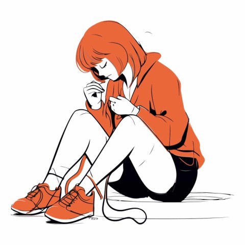 Illustration of a sad girl sitting on the floor and crying.