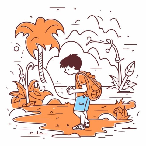 Vector illustration of a boy with a backpack on the seashore.