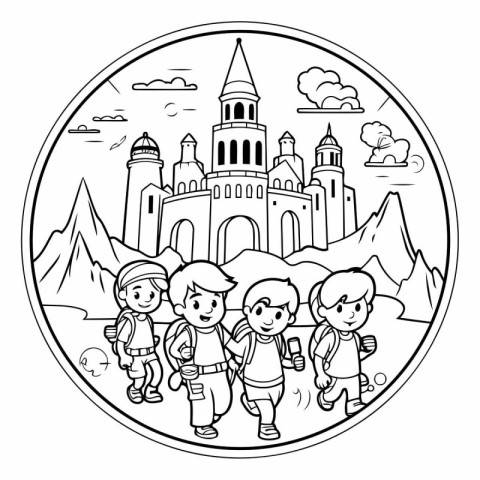 Outline of a group of children with a backpack and a castle