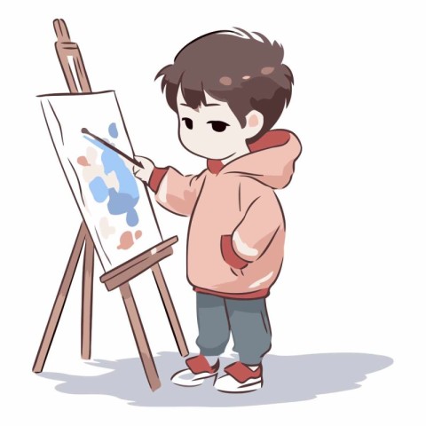 Boy painting on easel. Cute cartoon character.