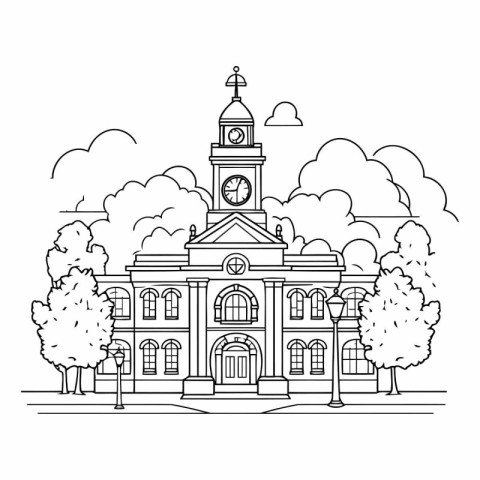 School building in black and white vector illustration for color