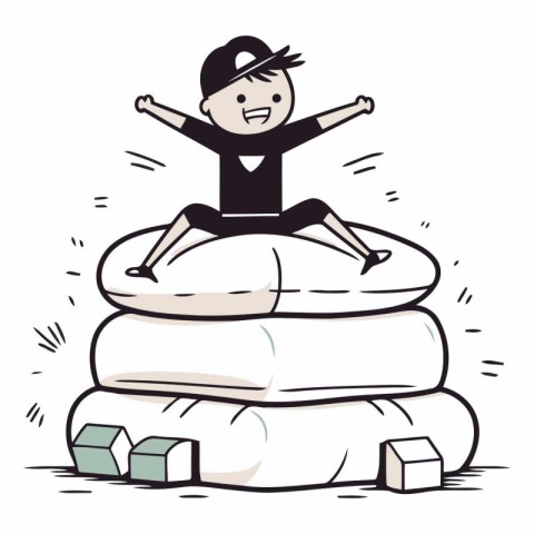 Cartoon boy sitting on pile of pillows.