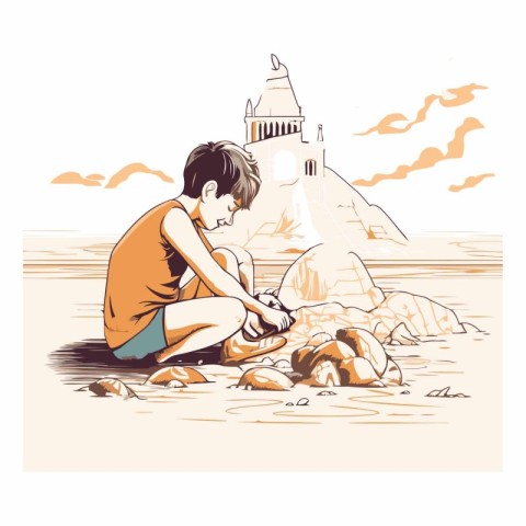 Vector illustration of a boy sitting on the seashore and looking