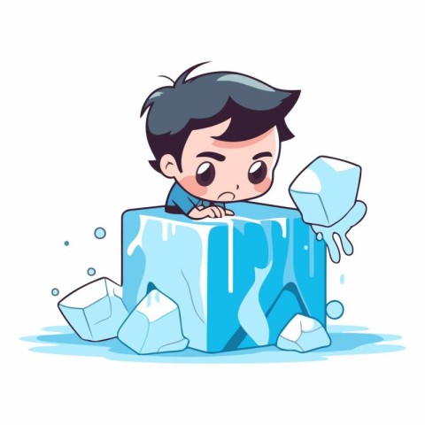 Vector illustration of a boy frozen in ice cube. Cartoon style.