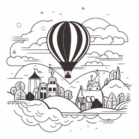 Hot air balloon flying over the village. Black and white vector