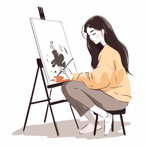 Young woman painting a picture on the easel.