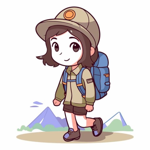 Cute little explorer girl with backpack and hat.