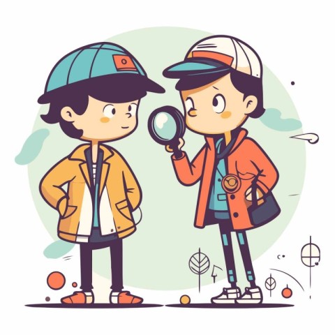 Boy and girl looking through magnifying glass in cartoon style