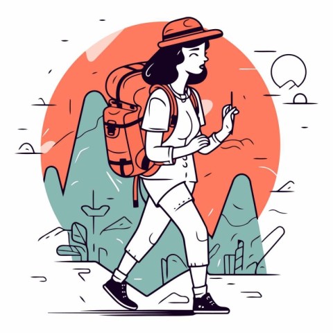 Tourist girl with backpack and map in linear style.