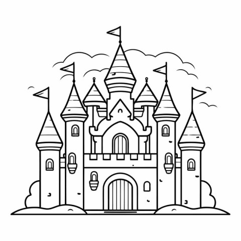 Fairytale castle. Black and white vector illustration for colori