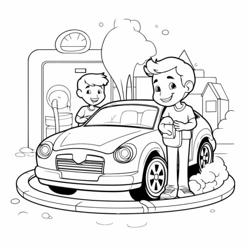 Car wash cartoon vector illustration. Black and white image of m