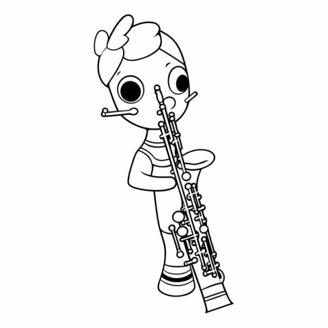 Cute boy playing the clarinet. Black and white vector illustrati