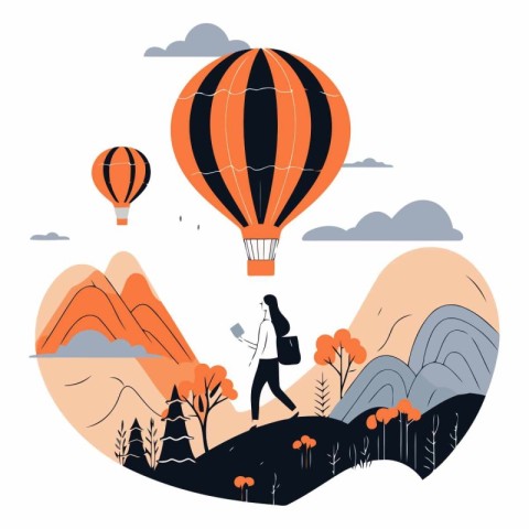 Vector illustration of a woman flying in a hot air balloon over