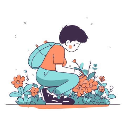 Vector illustration of a boy with a backpack and flowers in his