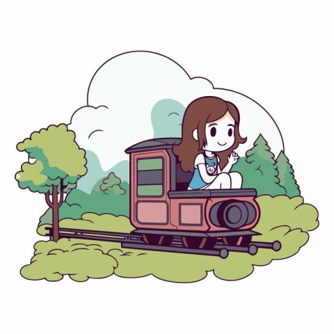 cute little girl with train in the park cartoon vector illustrat