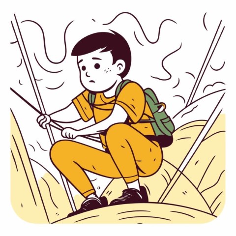 Boy climbing on a cliff in doodle style