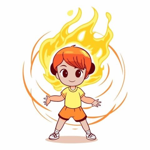 Cute little girl with fire on white background.
