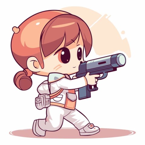 Cute little girl with a gun in cartoon style.