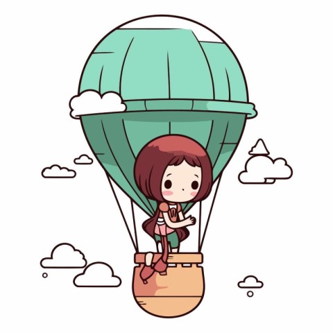 cute little girl flying in hot air balloon cartoon vector illust