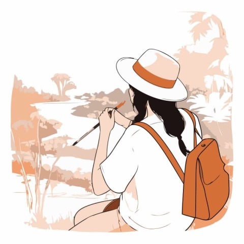 Vector illustration of a young woman with a hat and a backpack.