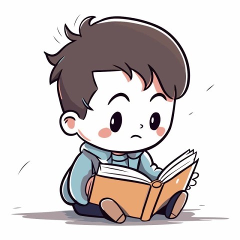 Cute boy reading a book on white background.