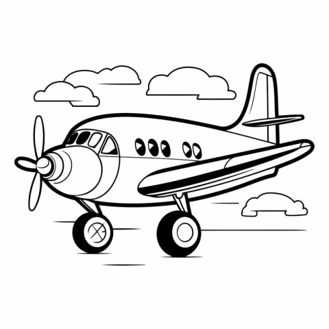 Airplane flying in the sky. Black and white vector illustration.