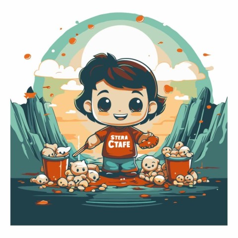 Cute little boy playing in the river. Vector cartoon illustratio