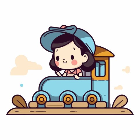 Illustration of a Cute Little Girl Riding a Toy Train - Vector