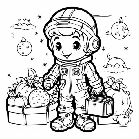 Cartoon astronaut boy with bag of fruits and vegetables.