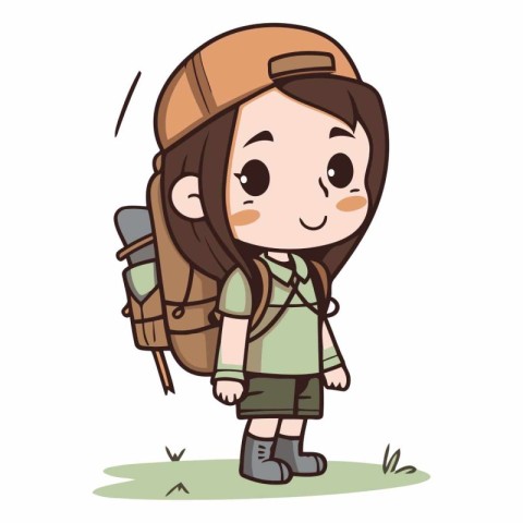 Cute girl hiker cartoon vector illustration. Childish drawing.