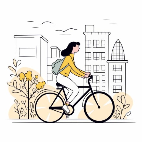 Young woman riding a bicycle in the city in flat style