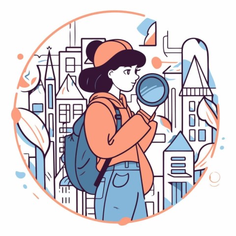 Vector illustration of a tourist girl with a backpack and a magn