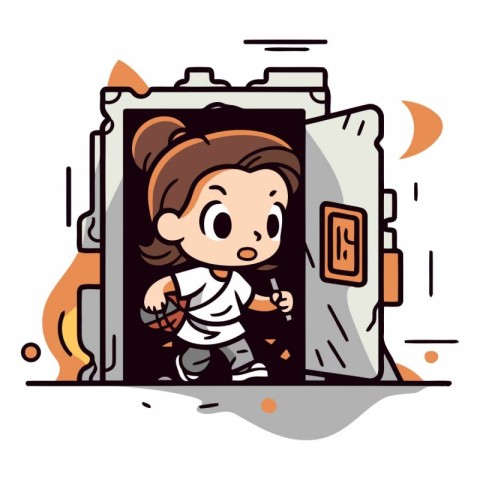 Cartoon little girl opening the door of a safe.