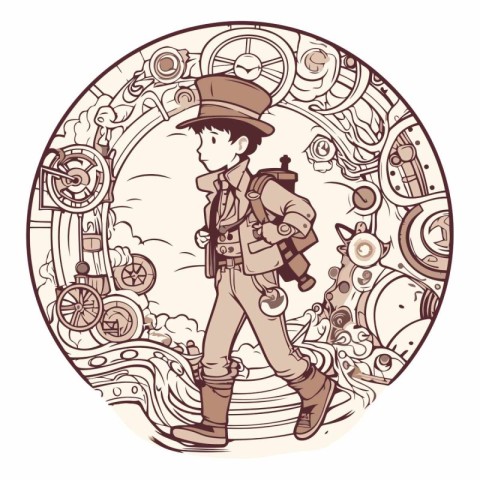 Vector illustration of a boy with a backpack and a map in the fo