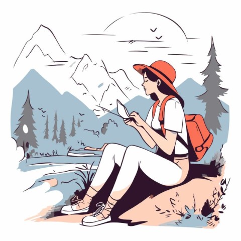 Vector illustration of a girl with a backpack and a map on the b