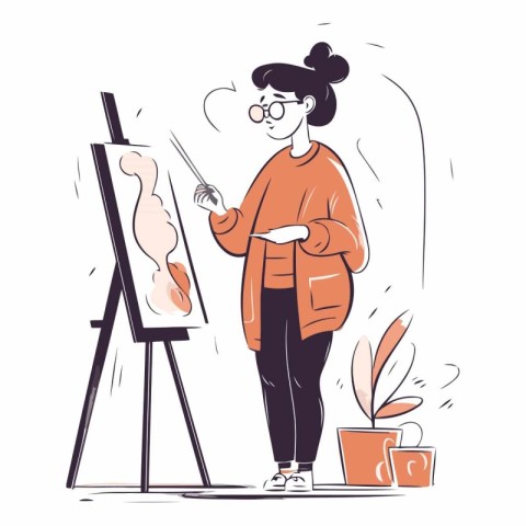 Woman artist painting a picture on easel in sketch style