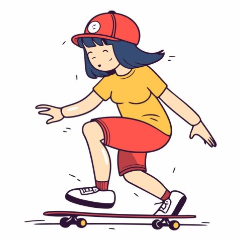 Skateboarder girl in helmet riding on a skateboard.