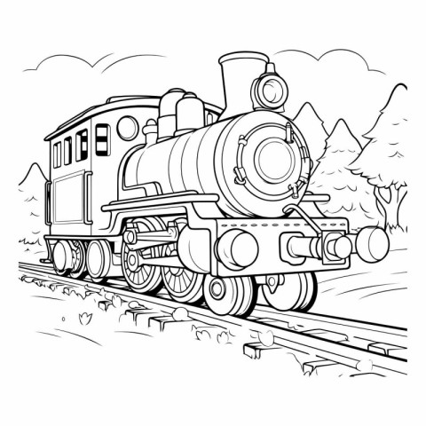 Steam locomotive on the rails. Monochrome vector illustration.